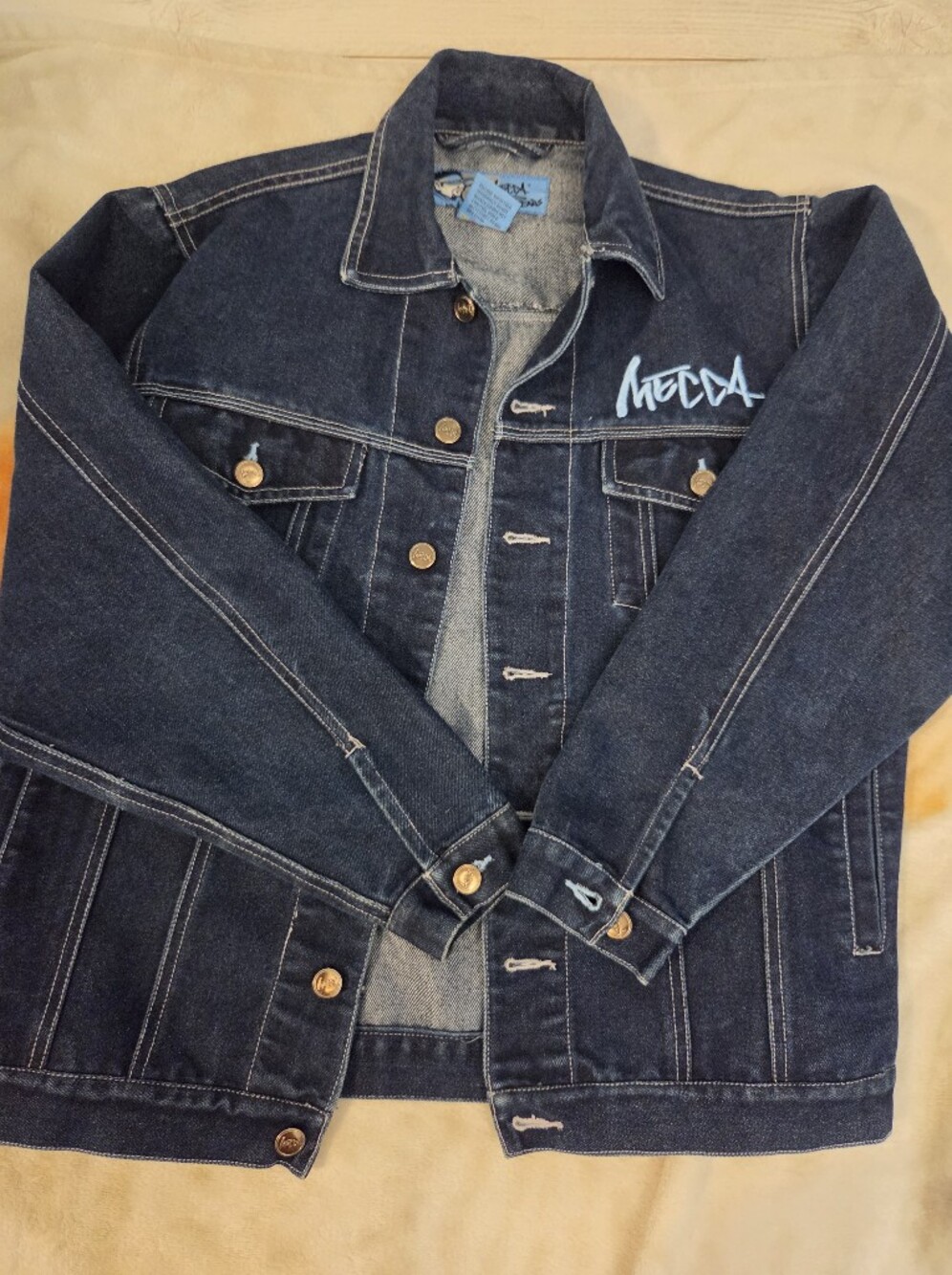 Vintage MECCA Denim Trucker Jacket in Dark Blue With Graffiti Design